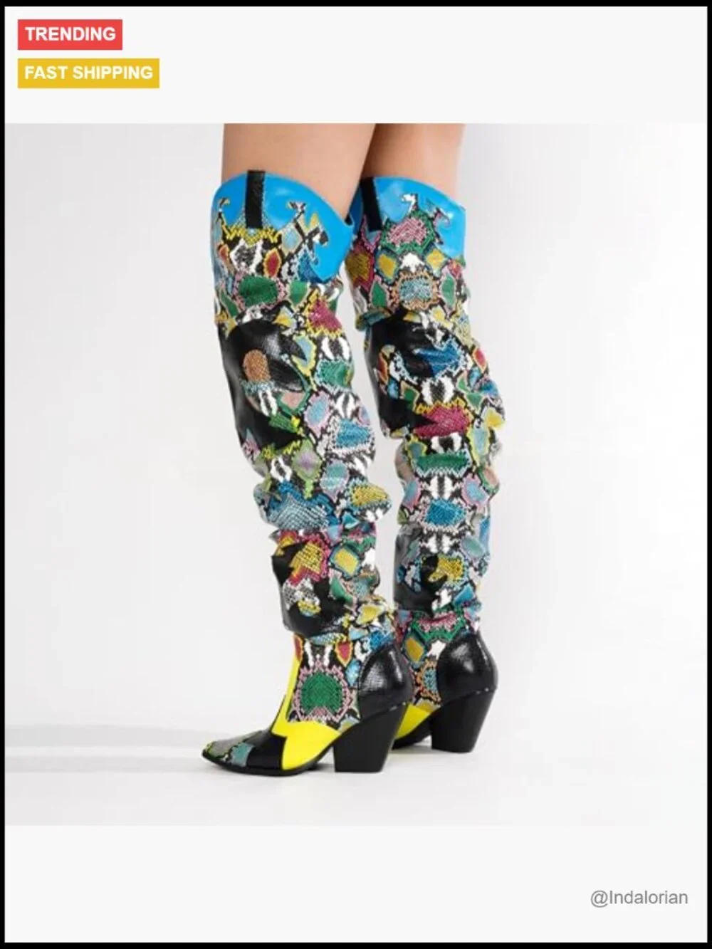 Thigh High Cowboy Boots - Faux Snakeskin Chunky Heel Western Booties